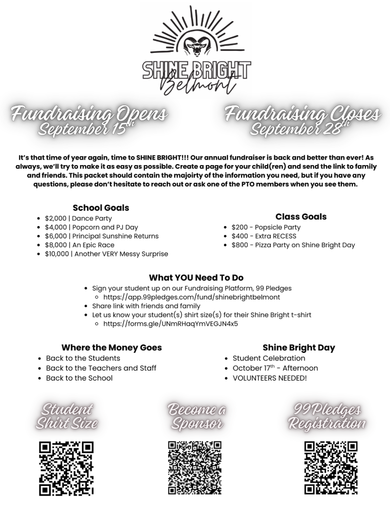 All the Shine Bright Information from our PTO on one flyer