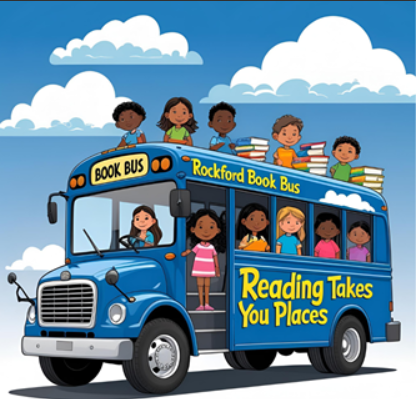 cartoon image of a blue blue with lots of smiling students