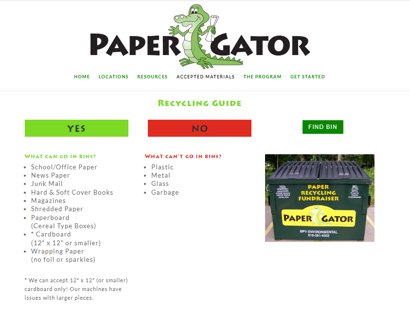 Flyer for PaperGator recycling showing accepted materials. Accepting school/office paper, news paper, junk mail, hard and soft cover books, magazines, shredded paper, paperboard (cereal box), wrapping paper without foil or sparkles. No accepted is plastic, metal, glass, or garbage.
