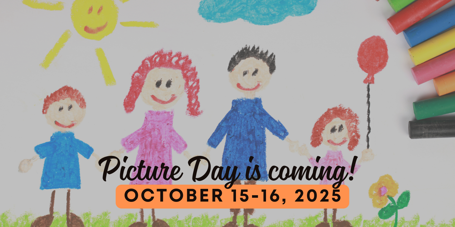 A drawing of people holding hands made by a young children in crayon. Accompanying text reads,"Picture Day is coming! October 15-16, 2025").