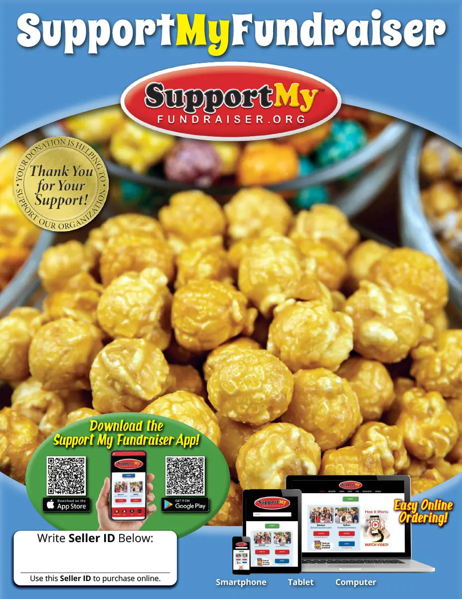 Cover of SupportMyFundraiser ordering booklet that features caramel corn.