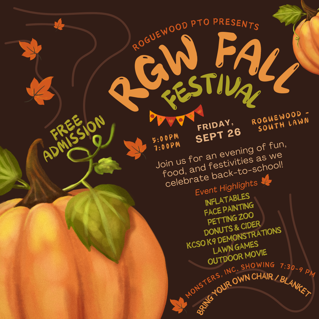 Roguewood Fall Fest - 5pm - 7pm Friday Sept. 26. Join us for an evening of fun, food and festivities as we celebrate back-to-school! Event highlights - inflatables, face painting, petting zoo, donuts and cider, KCSO K9 Demonstrations, lawn games, and an outdoor movie - Monsters Inc at 7:30.  bring your own chair or blanket