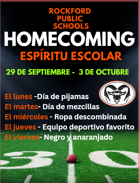 Espíritu Escolar. El Lunes Dia De pijamas, El martes -dia de mezcillas, el miercoles - ropa descombinada, el jueves, equipo deportivo favorito. el viernes - negro y anaranjado