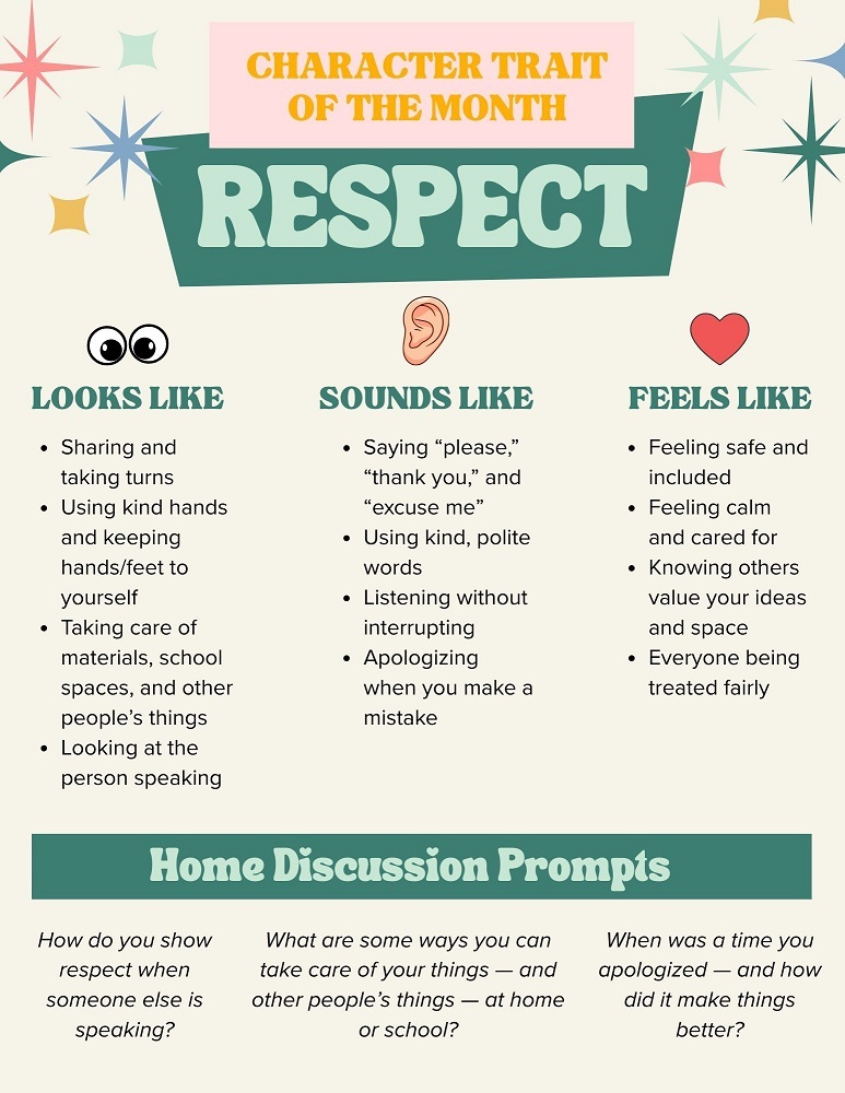 Respect - what it looks like: sharing, taking turns, using kind hands and keeping hands/feet to self. Sounds like: saying please and thank you, listening without interrupting, apologizing when you make a mistake. Feels like: feeling safe and included, feeling calm and cared for. Home discussion prompts: How do you show respect when someone else is speaking? When was a time you apologized and how did it make things better?