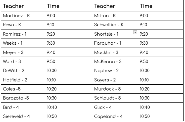 9 Martinez and Mitton. 9:10 Rewa and Schwallier. 9:20 Ramirez and Schorsle. 9:30 Weeks and Farquhar. 9:40 Meyer and Macklin. 9:50 Ward and McKenna. 10 DeWitt and Nephew. 10:10 Hatfield and Sayers. 10:20 Coles and Murdock. 10:30 Barazoto and Schlaudt. 10:40 Bird and Glick. 10:50 Siereveld and Copeland