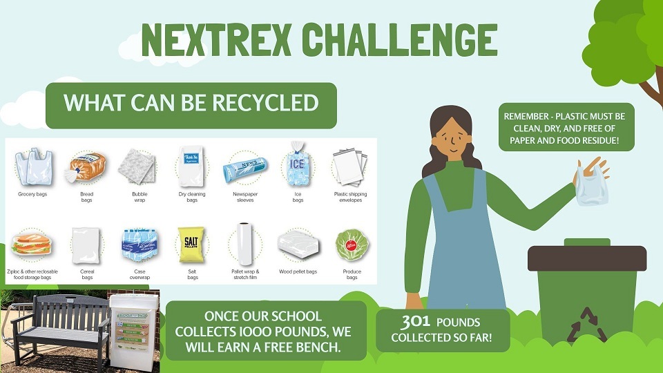 NEXTREX CHALLENGE What can be recycled- grocery bags, bread bags, bubble wrap, dry cleaning bags, newspaper sleeves, ice bags, ziplock food storage bags, cereal bags, salt bags, produce bags. Once our school collects 1,000 lbs we will earn a free bench. We have collected 301 lbs so far.
