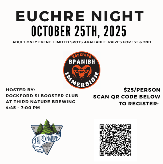 Spanish Immersion Boosters are hosting Euchre Night Saturday, October 25 4:45-7:00 pm at Third Nature Brewing  Tickets are $25/person