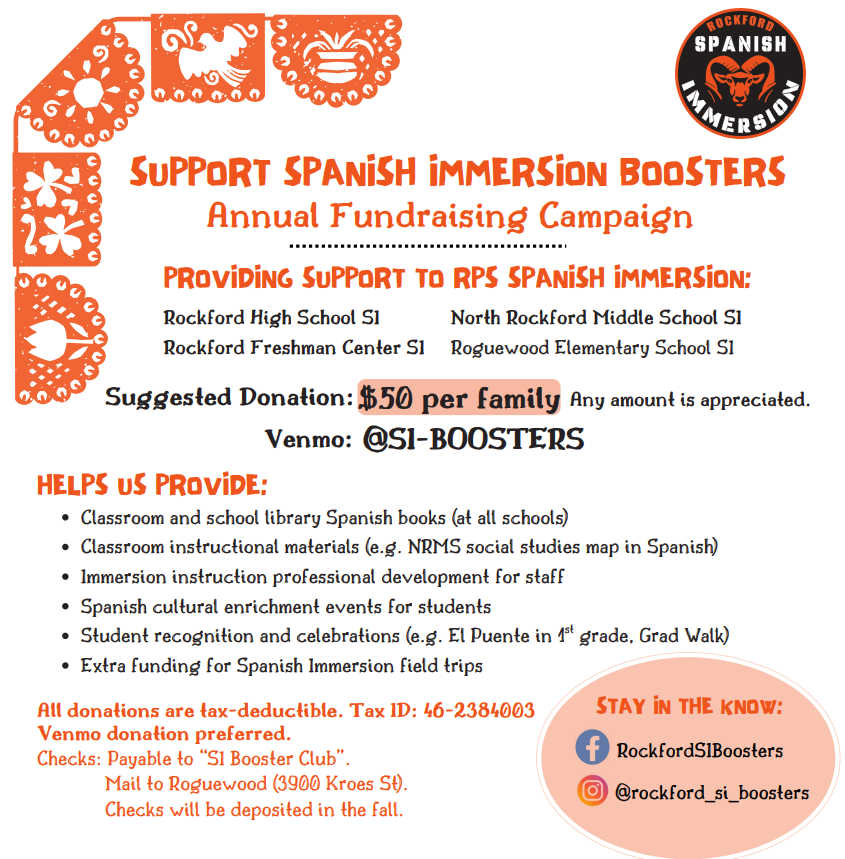 Support Spanish Immersion Boosters Annual Fundraising Campaign. Suggested Donation: $50 per family