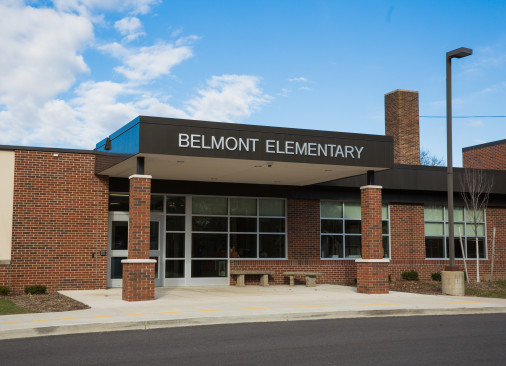 The square, brown brick, Belmont Elementary building