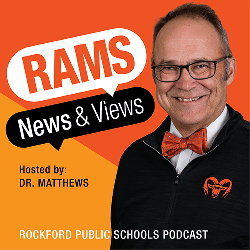Rams News and Views podcast icon, orange square with text and photo of the host Dr. Matthews